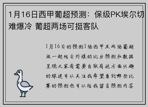 1月16日西甲葡超预测：保级PK埃尔切难爆冷 葡超两场可挺客队