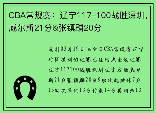 CBA常规赛：辽宁117-100战胜深圳，威尔斯21分&张镇麟20分