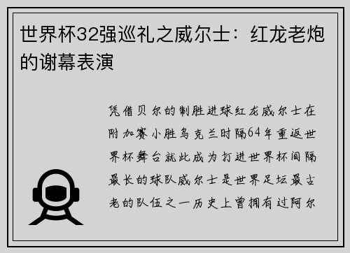 世界杯32强巡礼之威尔士：红龙老炮的谢幕表演