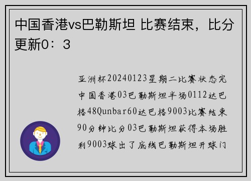 中国香港vs巴勒斯坦 比赛结束，比分更新0：3