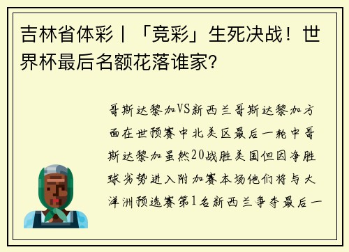 吉林省体彩丨「竞彩」生死决战！世界杯最后名额花落谁家？