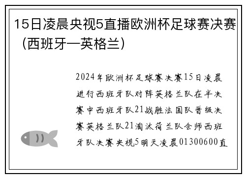 15日凌晨央视5直播欧洲杯足球赛决赛（西班牙—英格兰）